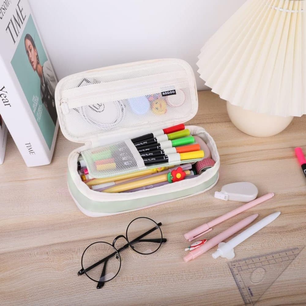 Foldable Multifunctional Pencil Case with Zipper Large Capacity Travel Organizer, Green V1188-MS-325-1154