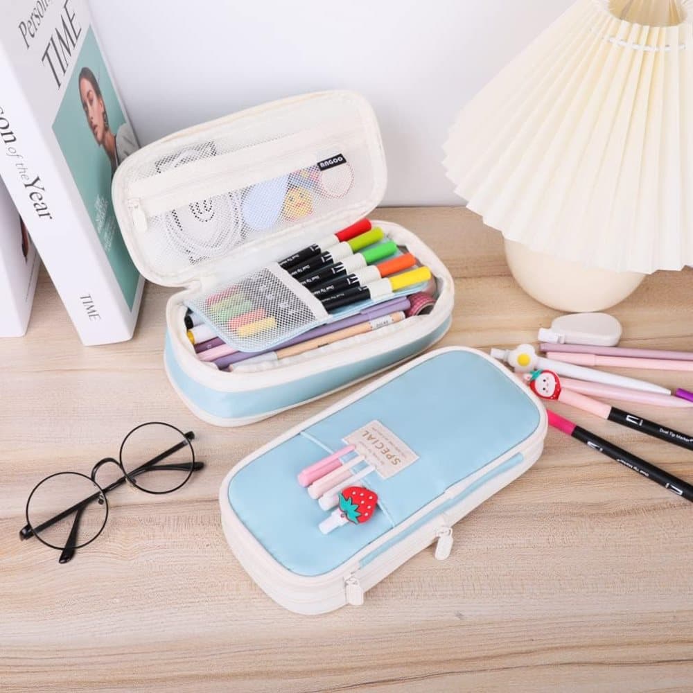 Blue Foldable Multifunctional Zipper Pencil Case, Large Capacity Travel Organizer V1188-MS-325-1157