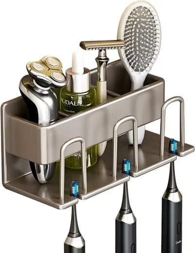 3-Piece Toothbrush Holder with Cup, Wall Mounted No Drilling Aluminum, Compatible with Oral-B, Light Gray V1188-MS-325-1158