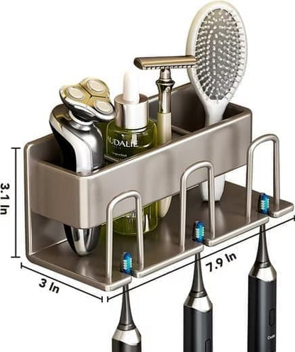 3-Piece Toothbrush Holder with Cup, Wall Mounted No Drilling Aluminum, Compatible with Oral-B, Light Gray V1188-MS-325-1158