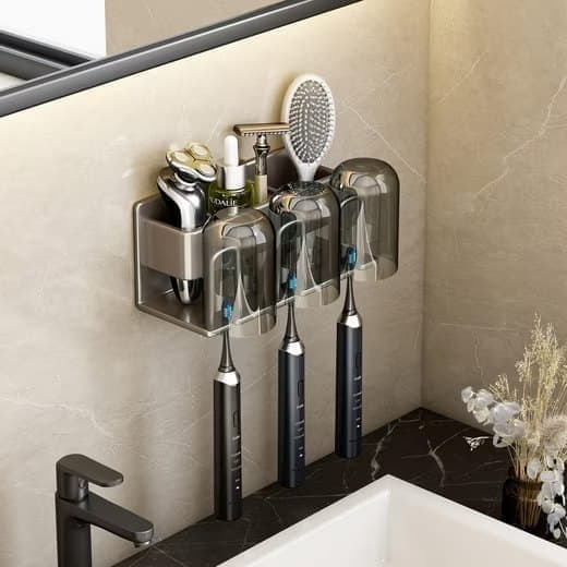 3-Piece Toothbrush Holder with Cup, Wall Mounted No Drilling Aluminum, Compatible with Oral-B, Light Gray V1188-MS-325-1158