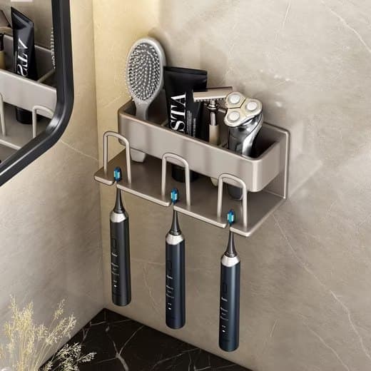 3-Piece Toothbrush Holder with Cup, Wall Mounted No Drilling Aluminum, Compatible with Oral-B, Light Gray V1188-MS-325-1158
