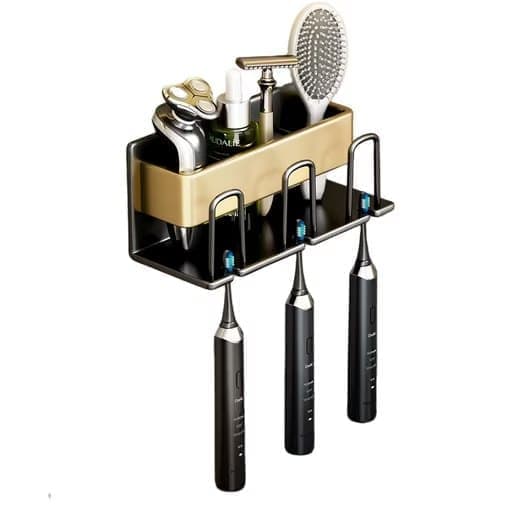 3-Piece Toothbrush Holder with Cup, Wall Mount No Drilling, Aluminum, Compatible with Oral-B, Gold V1188-MS-325-1159