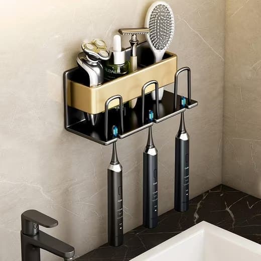 3-Piece Toothbrush Holder with Cup, Wall Mount No Drilling, Aluminum, Compatible with Oral-B, Gold V1188-MS-325-1159
