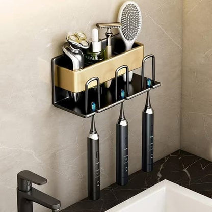 3-Piece Toothbrush Holder with Cup, Wall Mount No Drilling, Aluminum, Compatible with Oral-B, Gold V1188-MS-325-1159