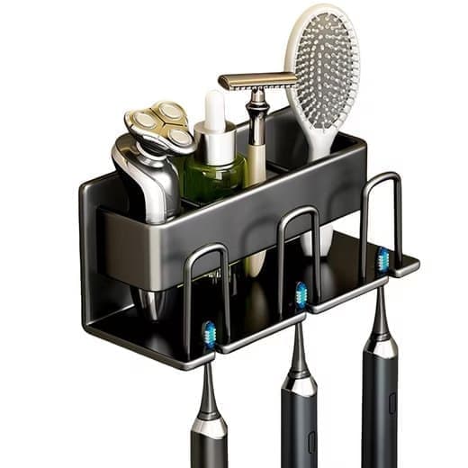 3-Piece Toothbrush Holder with Cup, Wall Mount No Drilling, Aluminum, Compatible with Oral-B, Black V1188-MS-325-1160