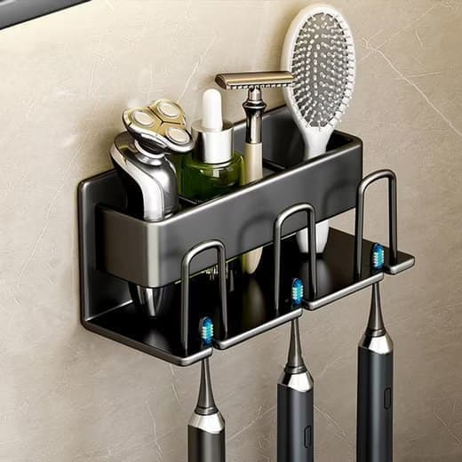 3-Piece Toothbrush Holder with Cup, Wall Mount No Drilling, Aluminum, Compatible with Oral-B, Black V1188-MS-325-1160