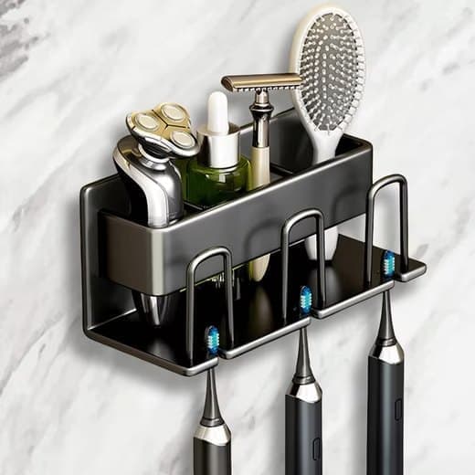 3-Piece Toothbrush Holder with Cup, Wall Mount No Drilling, Aluminum, Compatible with Oral-B, Black V1188-MS-325-1160