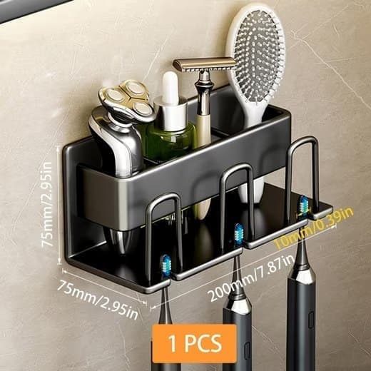 3-Piece Toothbrush Holder with Cup, Wall Mount No Drilling, Aluminum, Compatible with Oral-B, Black V1188-MS-325-1160