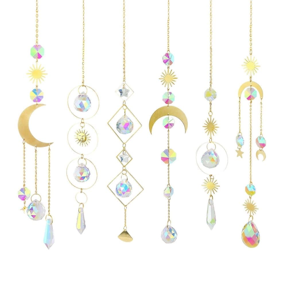 Solar Wind Chimes 6-pack with Crystal Pendants, Reflects Light for Beautiful Patterns, 12 inches, Gold V1188-MS-325-1168
