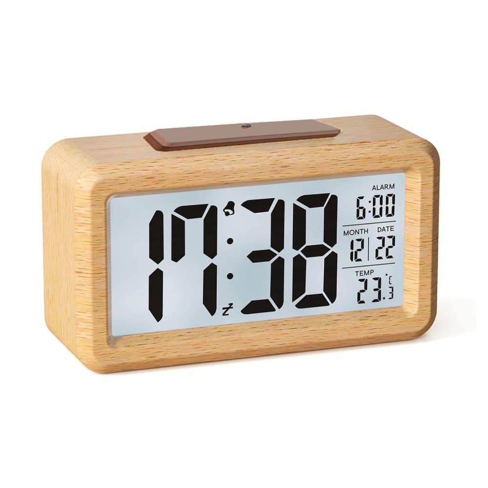 LCD Digital Alarm Clock with Smart Light Sensor, Manual Backlight, Snooze, Battery Operation, Solid Beech V1188-MS-325-1170