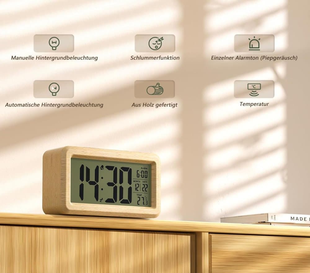 LCD Digital Alarm Clock with Smart Light Sensor, Manual Backlight, Snooze, Battery Operation, Solid Beech V1188-MS-325-1170