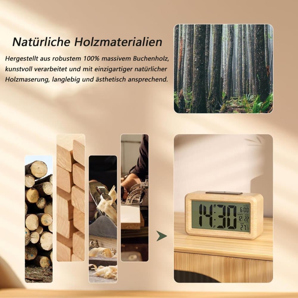 LCD Digital Alarm Clock with Smart Light Sensor, Manual Backlight, Snooze, Battery Operation, Solid Beech V1188-MS-325-1170