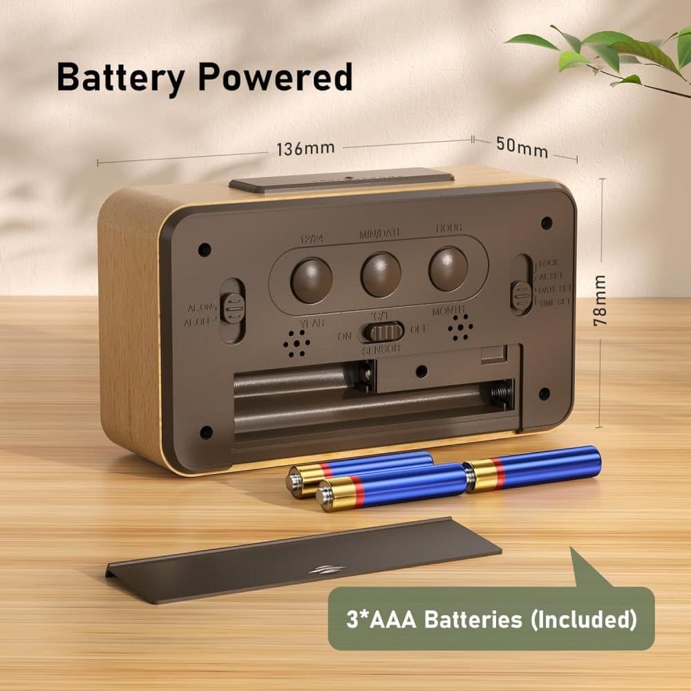 LCD Digital Alarm Clock with Smart Light Sensor, Manual Backlight, Snooze, Battery Operation, Solid Beech V1188-MS-325-1170