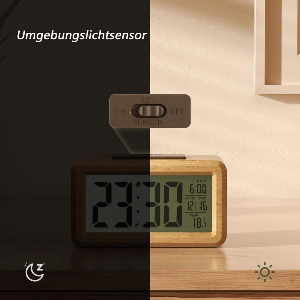 LCD Digital Alarm Clock with Smart Light Sensor, Manual Backlight, Snooze, Battery Operation, Solid Beech V1188-MS-325-1170