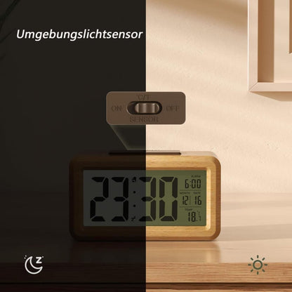 LCD Digital Alarm Clock with Smart Light Sensor, Manual Backlight, Snooze, Battery Operation, Solid Beech V1188-MS-325-1170