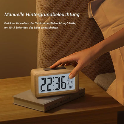 LCD Digital Alarm Clock with Smart Light Sensor, Manual Backlight, Snooze, Battery Operation, Solid Beech V1188-MS-325-1170
