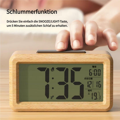 LCD Digital Alarm Clock with Smart Light Sensor, Manual Backlight, Snooze, Battery Operation, Solid Beech V1188-MS-325-1170