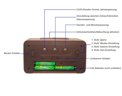 LCD Digital Alarm Clock with Smart Light Sensor, Manual Backlight, Snooze, Battery Operation, Solid Beech V1188-MS-325-1170