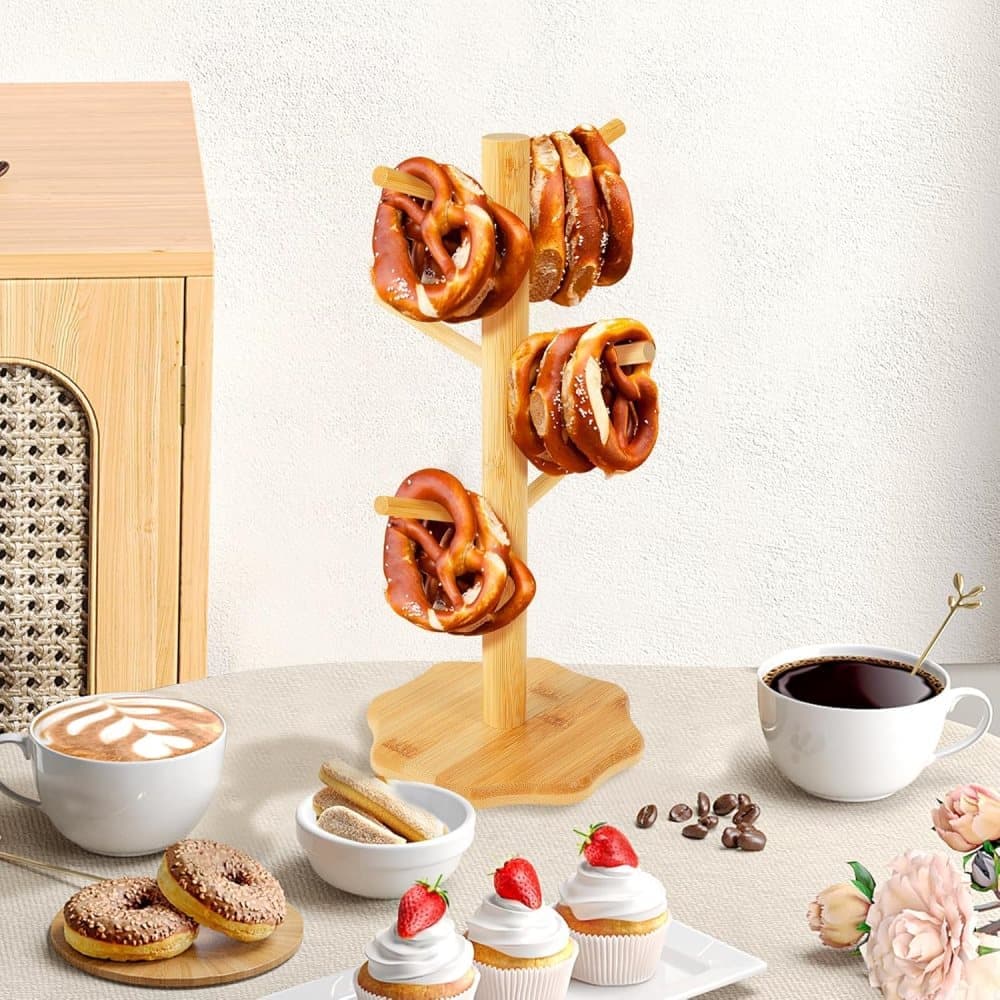 1-pack Wooden Pretzel Stand Tree-Shaped for Restaurant Cafe Bar Kitchen Decoration, Brown, Bamboo V1188-MS-325-1172