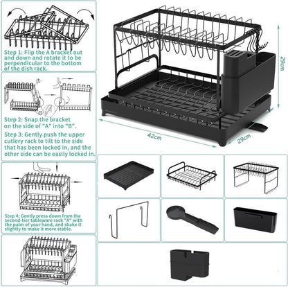 2-Tier Sink Rack with Utensil Holder and Drip Tray, Black, for Kitchen Sink Drain V1188-MS-325-1198