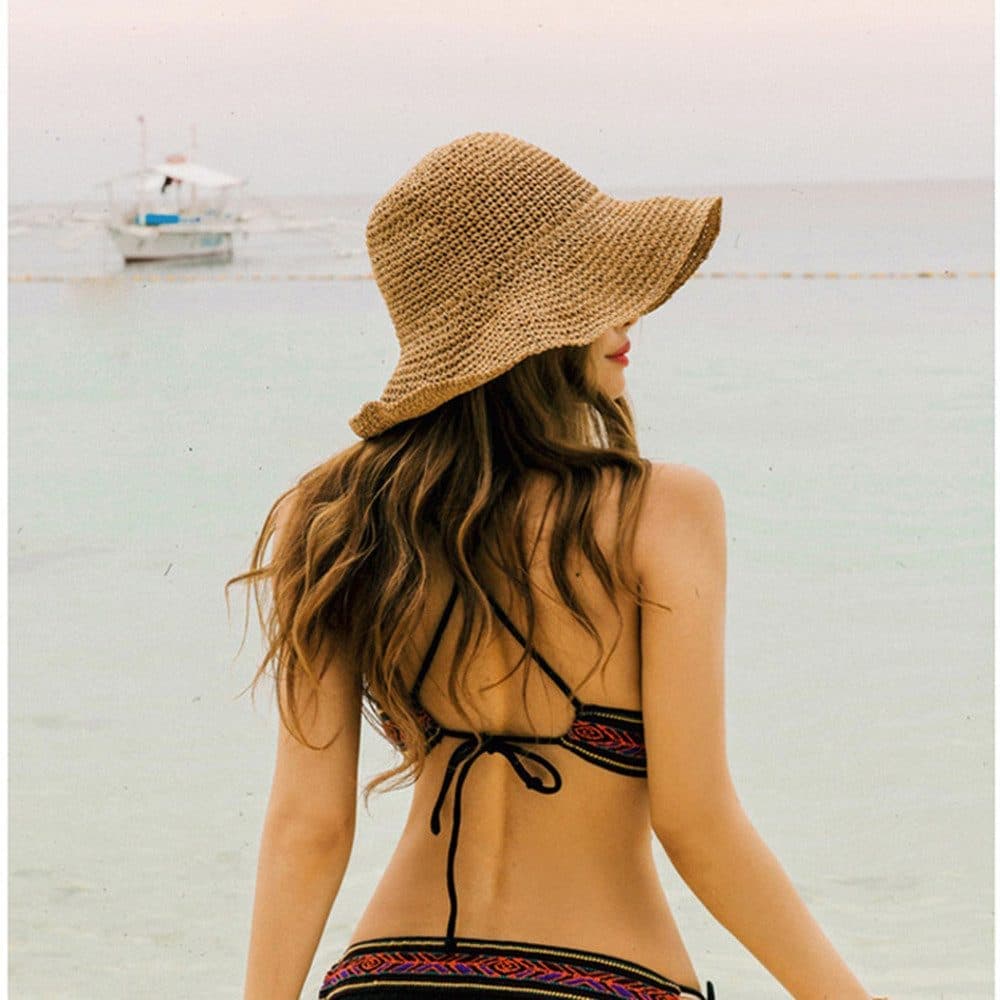 Women's Foldable Sun Hat Braided Wide Brim Beach Hat, Light and Breathable, 57-59 cm, Brown V1188-MS-325-1206