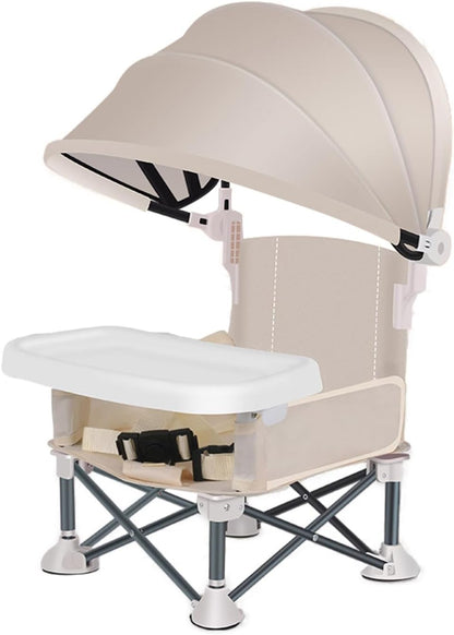 Foldable Highchair for Children with Sunshade and Removable Food Tray, Portable, Beige V1188-MS-325-1210
