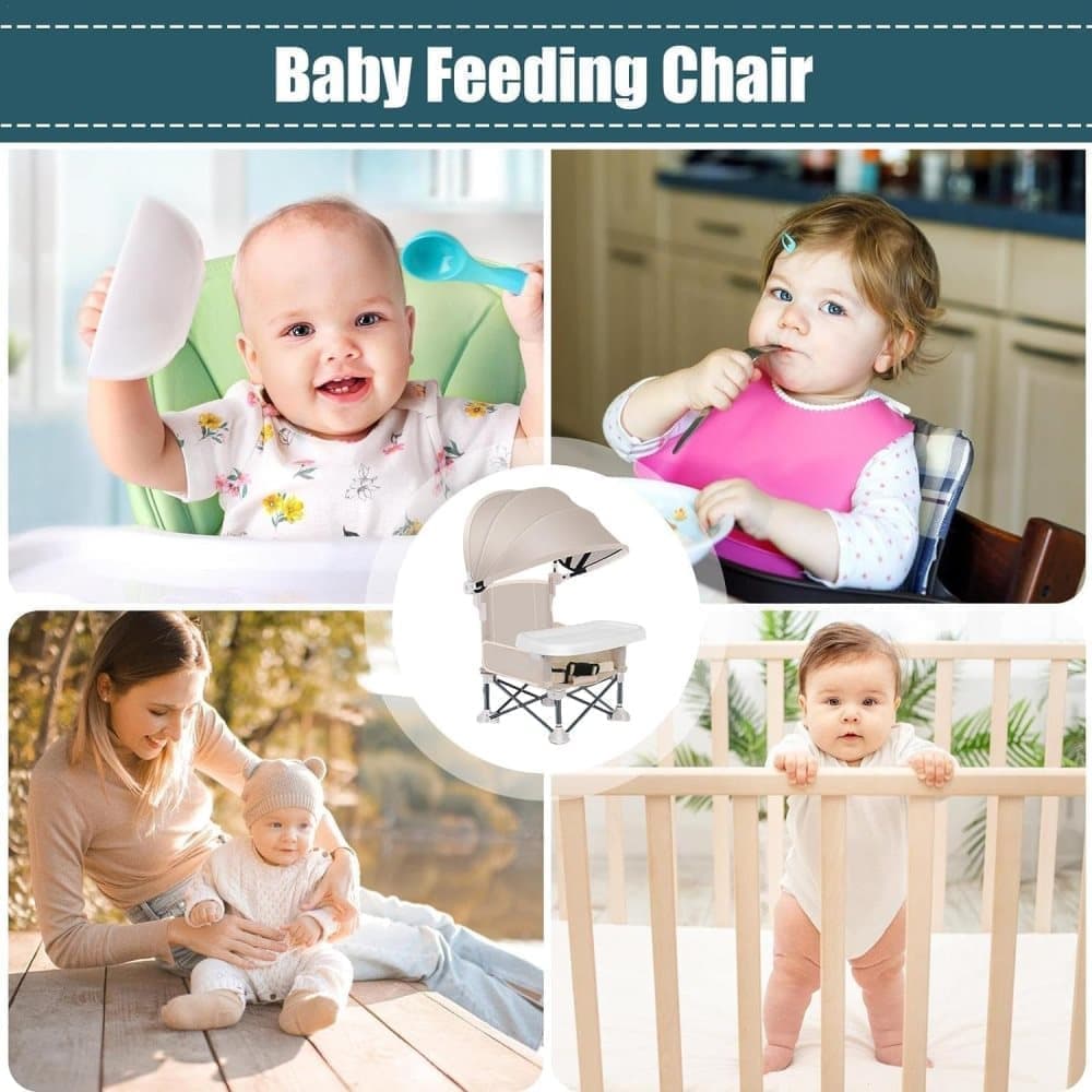 Foldable Highchair for Children with Sunshade and Removable Food Tray, Portable, Beige V1188-MS-325-1210
