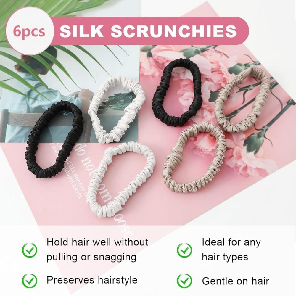 6-Pack Mulberry Silk Scrunchies Hair Bands No Damage High Elasticity, 16 Momme V1188-MS-325-1260