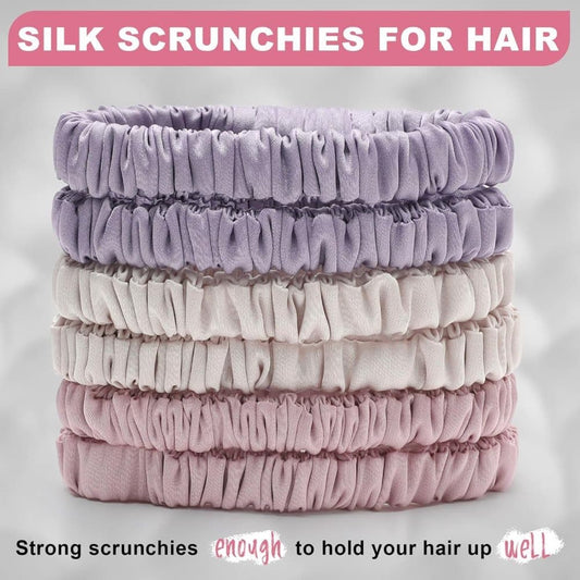 6-Pack Silk Scrunchies Hair Bands 100% Mulberry Silk Gentle No Damage High Elasticity, 16 Momme V1188-MS-325-1261