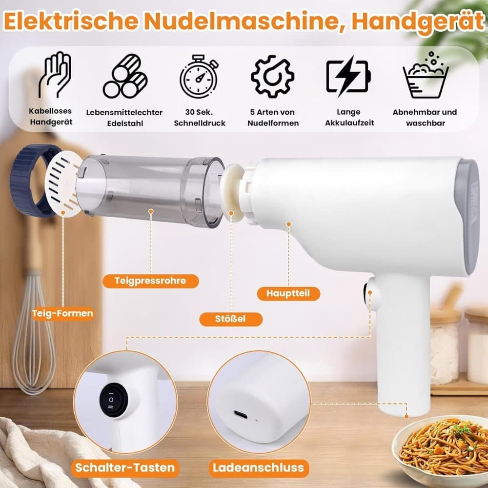 6-in-1 Automatic Electric Pasta Maker Machine, Handheld with Ergonomic Design, Easy to Clean V1188-MS-325-1350