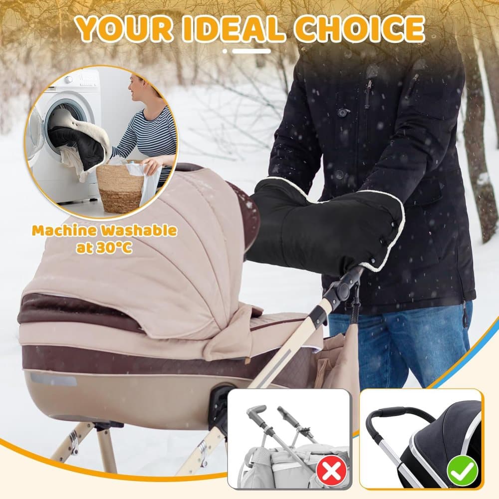 Waterproof Stroller Gloves Winter Hand Warmer with Fur, Black, Compatible with Stroller V1188-MS-325-1420