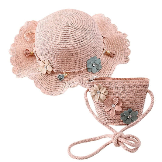 Girls Straw Hat and Shoulder Bag Set for Summer Beach Travel Outdoor Play, Pink V1188-MS-325-1445