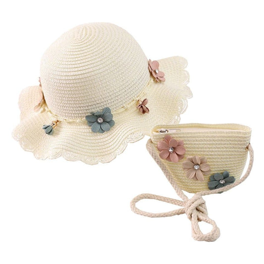 Girls Straw Hat and Shoulder Bag Set for Summer Beach Travel Outdoor Play, White V1188-MS-325-1446