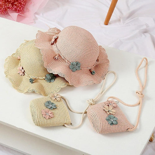 Girls Straw Hat and Shoulder Bag Set for Summer Beach Travel Outdoor Play, White V1188-MS-325-1446