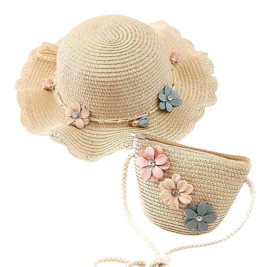 Girls Straw Hat and Shoulder Bag Set for Summer Beach Travel Outdoor Play, Wood V1188-MS-325-1447