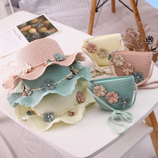 Girls Straw Hat and Shoulder Bag Set for Summer Beach Travel Outdoor Play, Green V1188-MS-325-1448