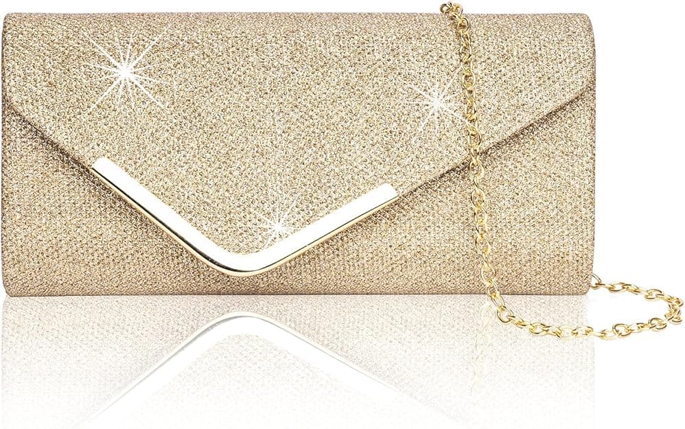 Sequin Evening Bag for Women 3-in-1 with Chain and Envelope Shape, Gold V1188-MS-325-1493
