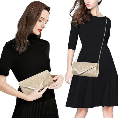 Sequin Evening Bag for Women 3-in-1 with Chain and Envelope Shape, Gold V1188-MS-325-1493