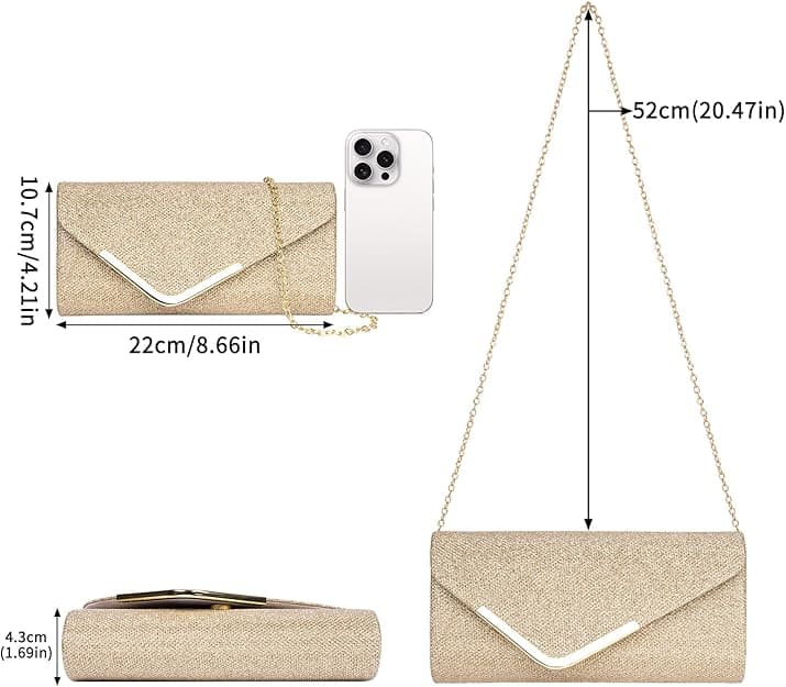 Sequin Evening Bag for Women 3-in-1 with Chain and Envelope Shape, Gold V1188-MS-325-1493