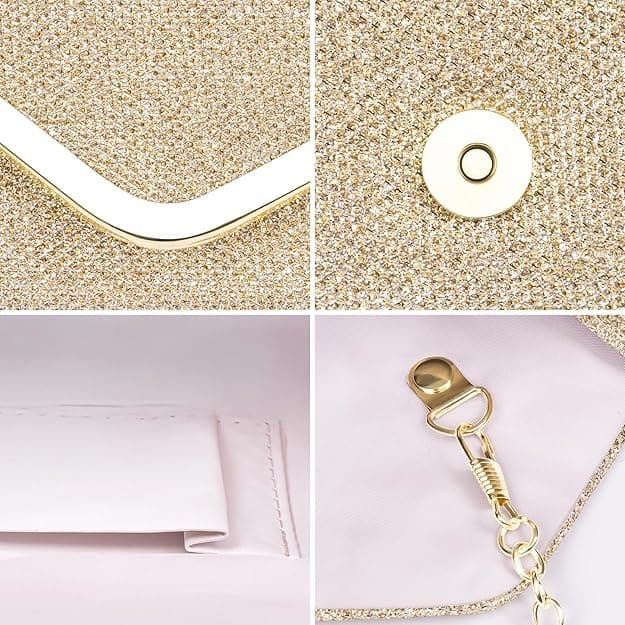Sequin Evening Bag for Women 3-in-1 with Chain and Envelope Shape, Gold V1188-MS-325-1493