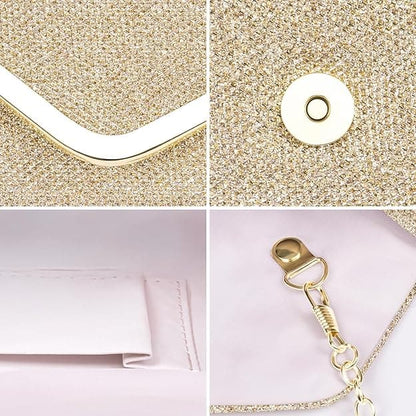 Sequin Evening Bag for Women 3-in-1 with Chain and Envelope Shape, Gold V1188-MS-325-1493
