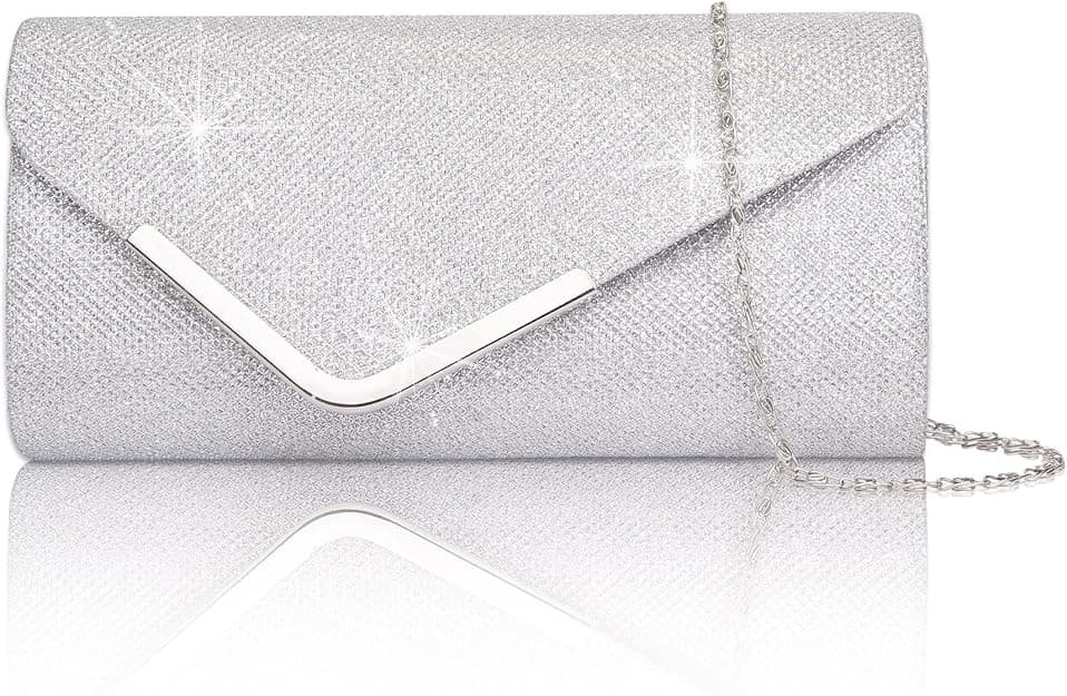 Sequin Evening Bag for Women 3-in-1 with Chain and Envelope Shape, Silver V1188-MS-325-1494