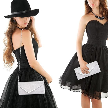 Sequin Evening Bag for Women 3-in-1 with Chain and Envelope Shape, Silver V1188-MS-325-1494
