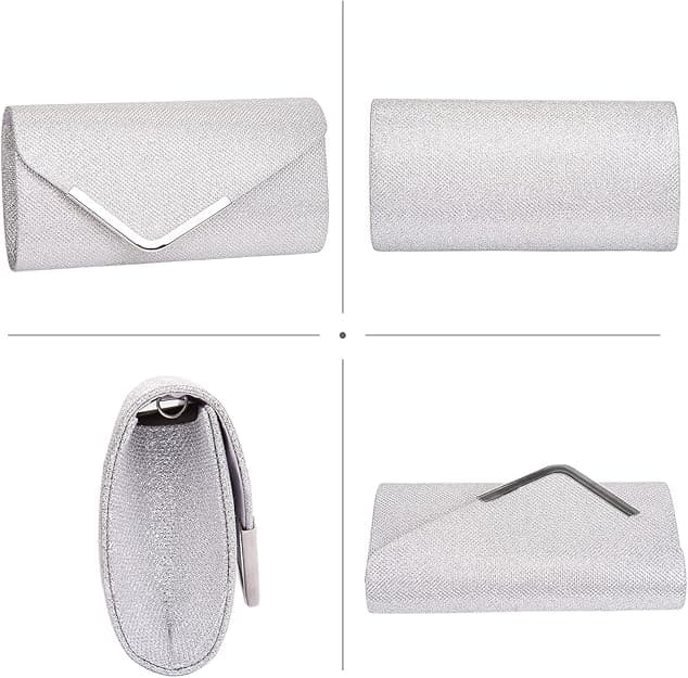Sequin Evening Bag for Women 3-in-1 with Chain and Envelope Shape, Silver V1188-MS-325-1494