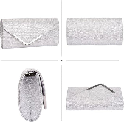 Sequin Evening Bag for Women 3-in-1 with Chain and Envelope Shape, Silver V1188-MS-325-1494