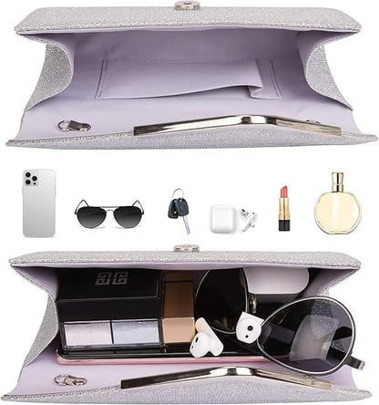 Sequin Evening Bag for Women 3-in-1 with Chain and Envelope Shape, Silver V1188-MS-325-1494