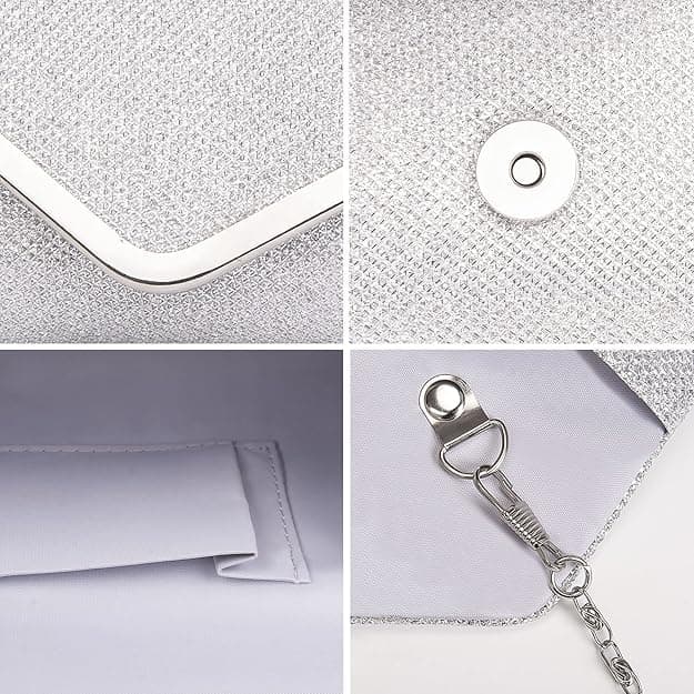 Sequin Evening Bag for Women 3-in-1 with Chain and Envelope Shape, Silver V1188-MS-325-1494