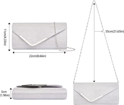 Sequin Evening Bag for Women 3-in-1 with Chain and Envelope Shape, Silver V1188-MS-325-1494