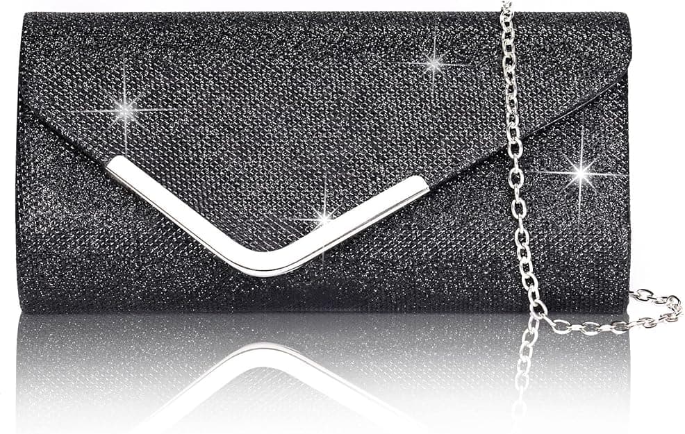 Sequin Evening Bag for Women 3-in-1 with Chain and Envelope Shape, Black V1188-MS-325-1495